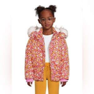 Girls Puffer Coat with Faux Fur Trim Hood, Size 12 NWT